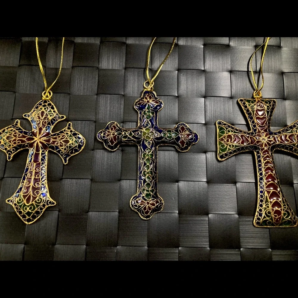 Vintage Plique a Jour CLOISONNE Enamel Stained Glass Floral Cross Ornaments